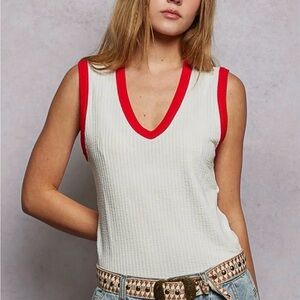 NEW POL 48hr : The Trina” V-Neck Sleeveless Solid Contrast Rib knit fitted top